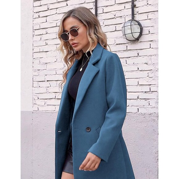 Women's Blue Winter Wool Coat Casual Notch Lapel Single-Breasted Peacoat - Picture 5 of 6